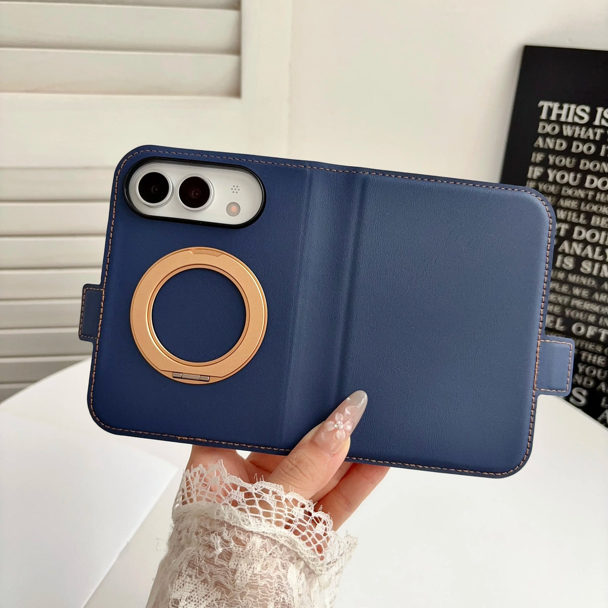 Invisible Support Bracket Card Holder Bag Phone Case For iPhone Duo 18 Fold 360 Degree Rotating Bracket Leather Wallet Cover