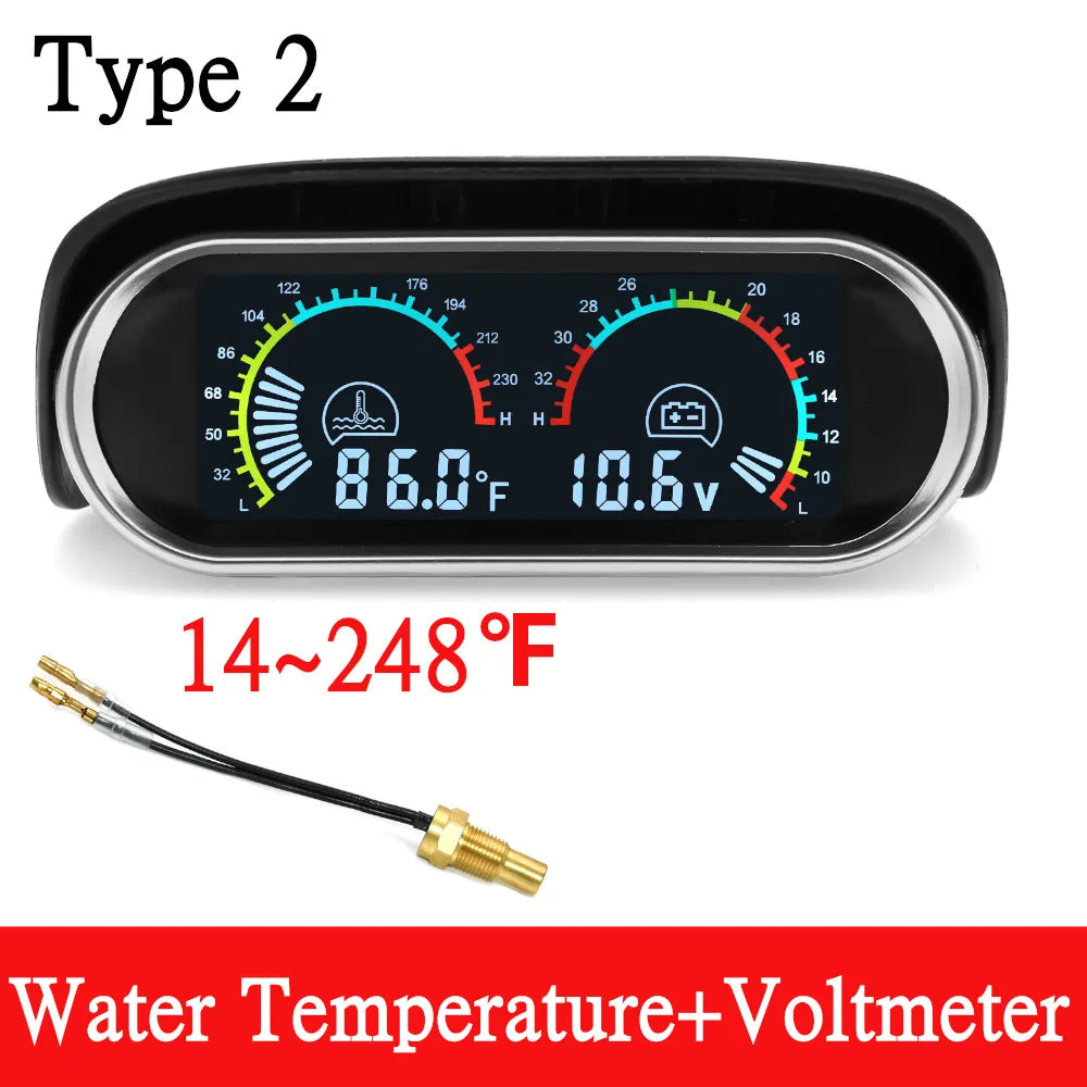 12V/24V 2 IN 1 Car Truck LCD Gauge Water Temperature Gauges +Voltmeter With 1/8 NPT Temp Sensor Water Temp Meter for Auto Cars