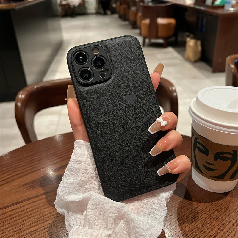 Personalised Initials Name Letters Leather Case For iPhone 12 13 11 14 15 16 17 18Pro Max 17Air Shockproof Custom Engraved Cover