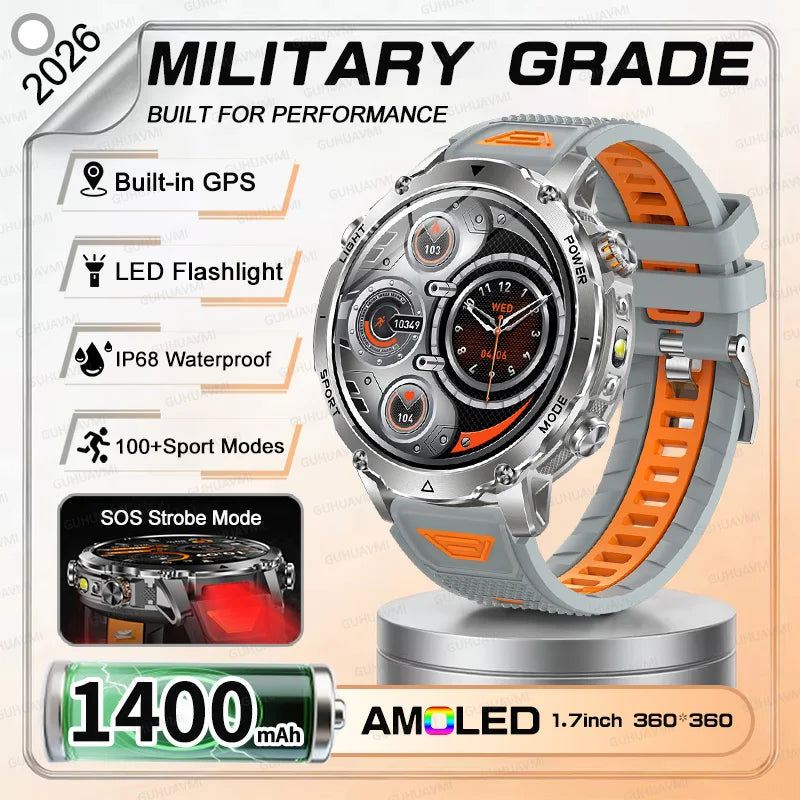 NEW Military 1400mAh Battery SmartWatch Men Outdoor LED Flashlight IP68 Waterproof Heart Rate SOS Bluetooth Call Sports Bracelet