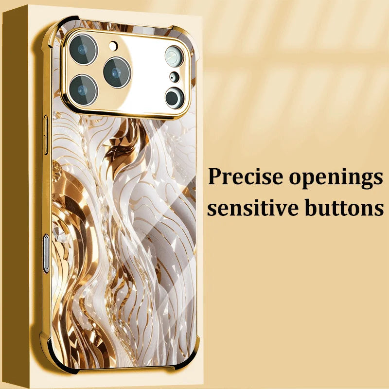 Gold And White Abstract Swirls Electroplated Glass Lens Protective Shockproof Case For iPhone 13 14 15 16 17 Pro ProMax