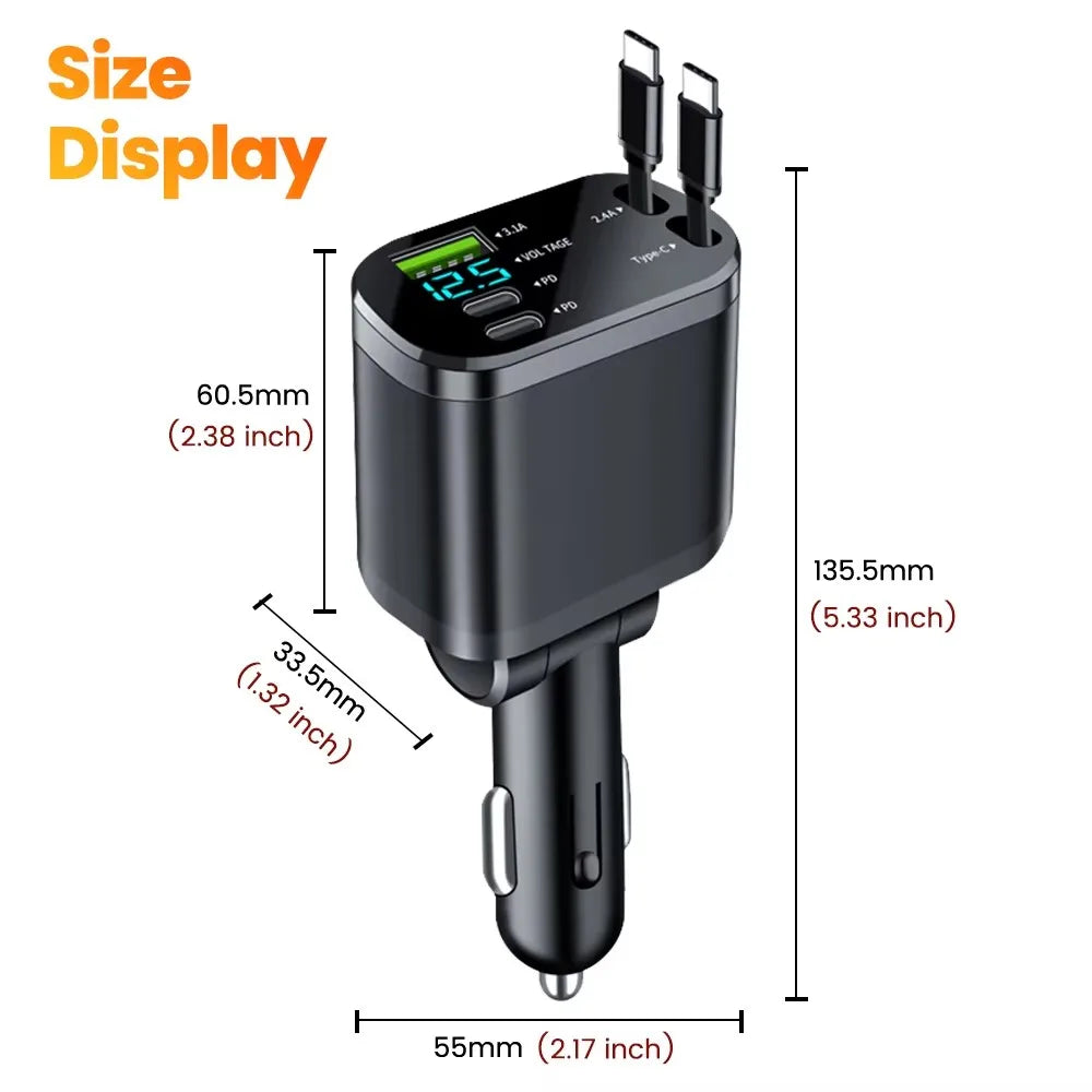 150W Car Charger Adapter 5 IN 1 Fast Charging USB Type C Car Charger with Retractable Type C Cords For iPhone Huawei Samsung
