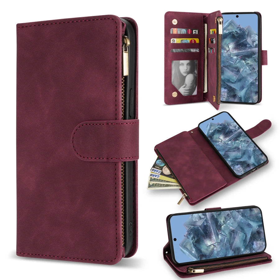 Wallet Multi-card Slot Zipper Magnetic Flip Leather Case For Google Pixel 10 Pro XL 9a 9Pro 8a 8 7Pro 7a 6Pro 6a Cover Shell