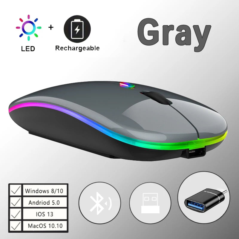 Wireless Rechargeable Mouse With LED Backlight Bluetooth With Type-C Adapter Gaming Mouse Suitable For MAC/Laptop/PC/Windows