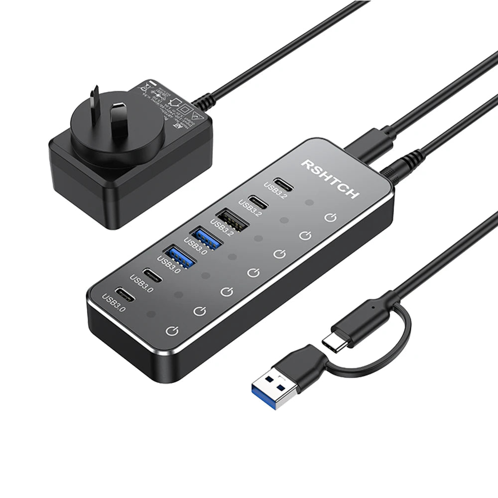 RSHTECH 7-IN-1 USB Hub 10Gbps Data Transfer Individual Touch Switches USB-C Extension Splitter for Laptops Computer Accessories