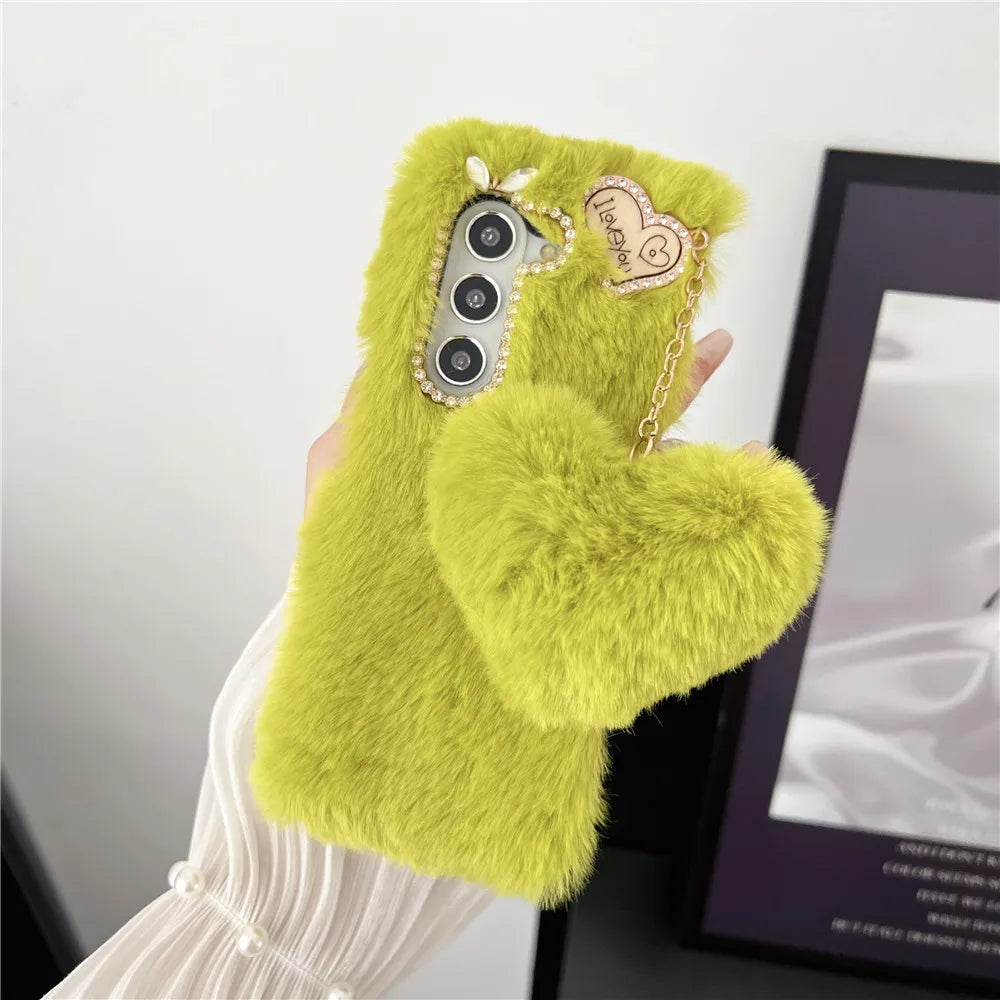 For Samsung Galaxy Z Fold 5 Case Korea Cute Fluffy Plush Love Pendant Phone Case For Galaxy Z Fold6 Cover Z Fold3 Z Fold2 Fold5
