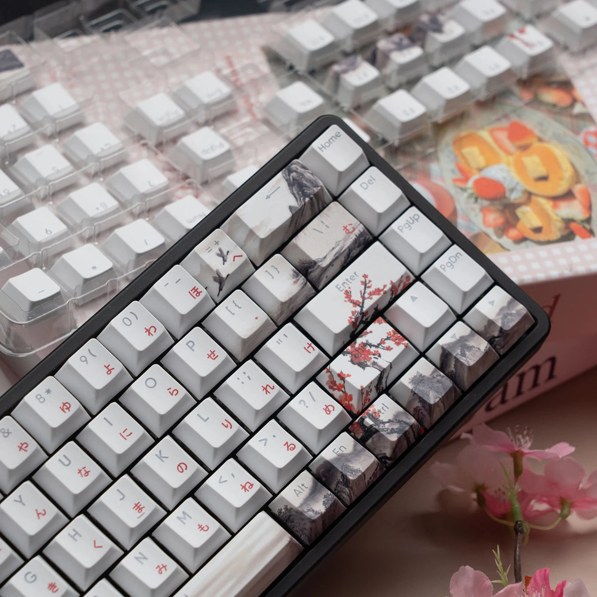 Plum Blossom Japanese RGB Backlit Keycaps 5 Sides Dye Sublimation PBT Keycaps Cherry Profile for MX Switches Gaming Keyboard