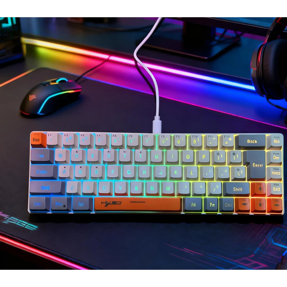 Teclado Gamer Color Game Film Keyboard 65% Key-Line Separation RGB Backlit Multi-Function Wired USB Keyboards Gaming PC Branco
