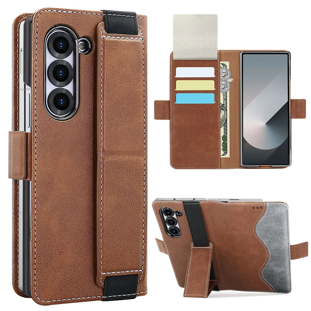PU Leather Flip Wallet Phone Case for Galaxy Z Fold 8 Ultra Z Fold 8/7/6/5 with RFID Blocking, Adjustable Wristband Kickstand