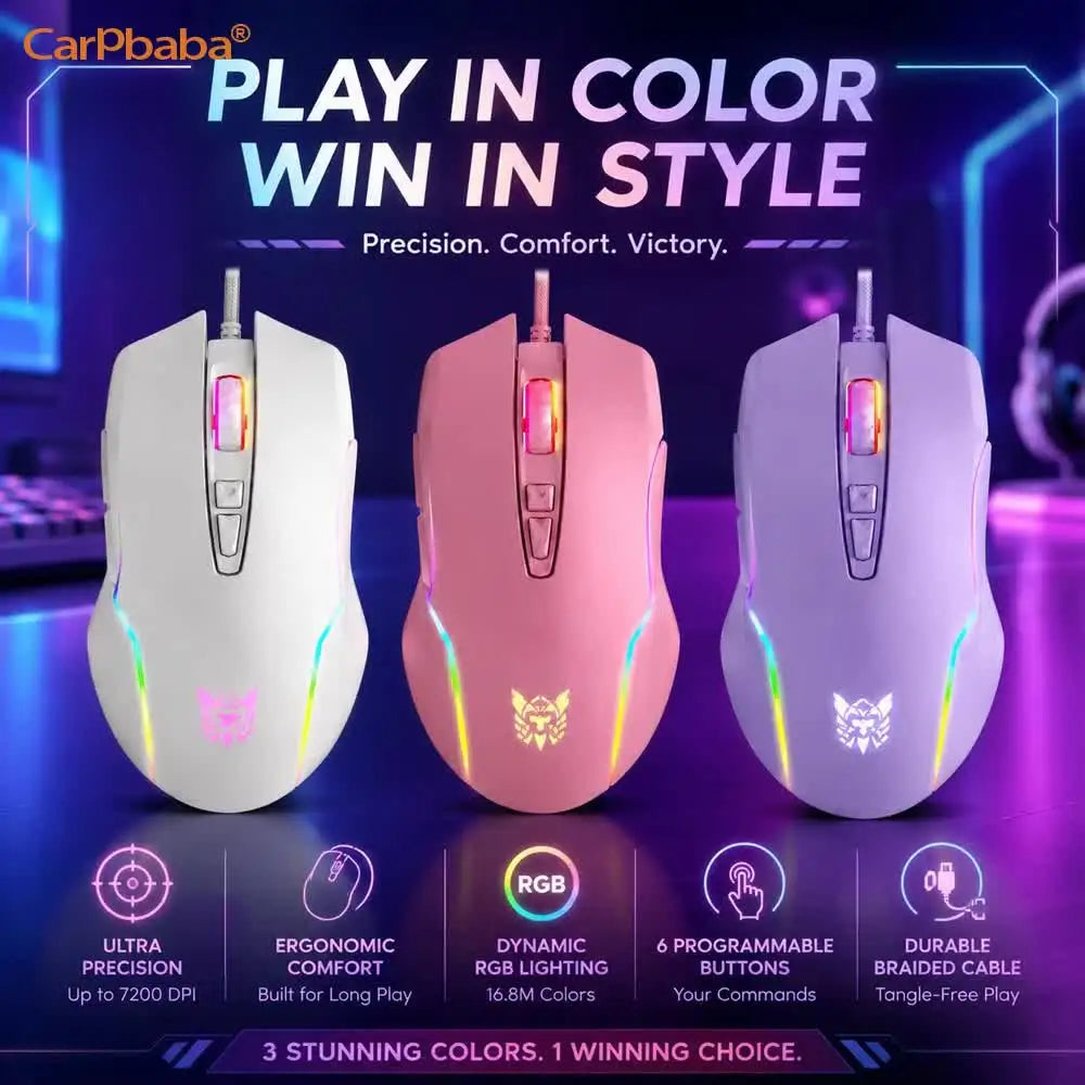 RGB Gaming Mouse Pink Cute Mouse 6400 DPI Wired Optical Mouse with Cool Lighting Mice for Home Office Notebook PC