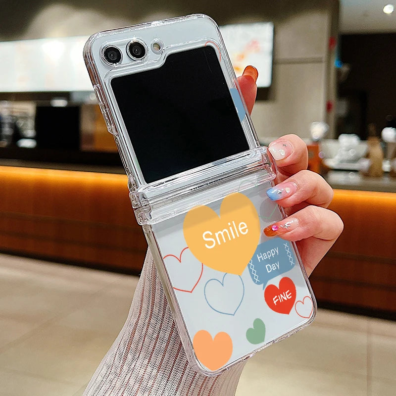Transparent Love Flower Phone Case For Samsung Galaxy Z Flip8 Flip7 FE Flip 8 7 6 5 4 3 5G Flip5 Flip6 Shockproof Hard PC Cover