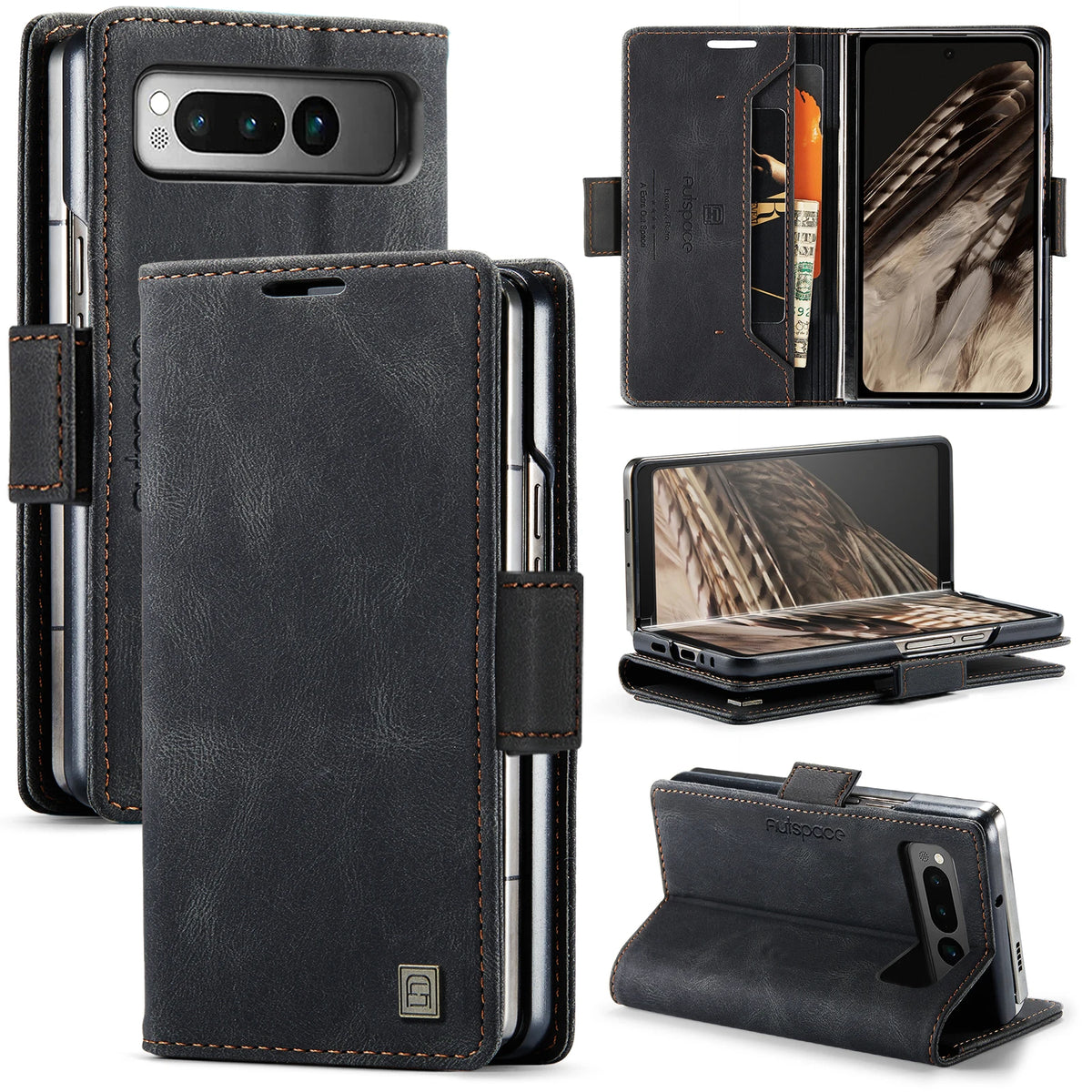 AUTSPACE Skin Feel Retro Leather Wallet Case for Google Pixel Fold Card Slots Holder Magnetic Clasp Folding Protective Case