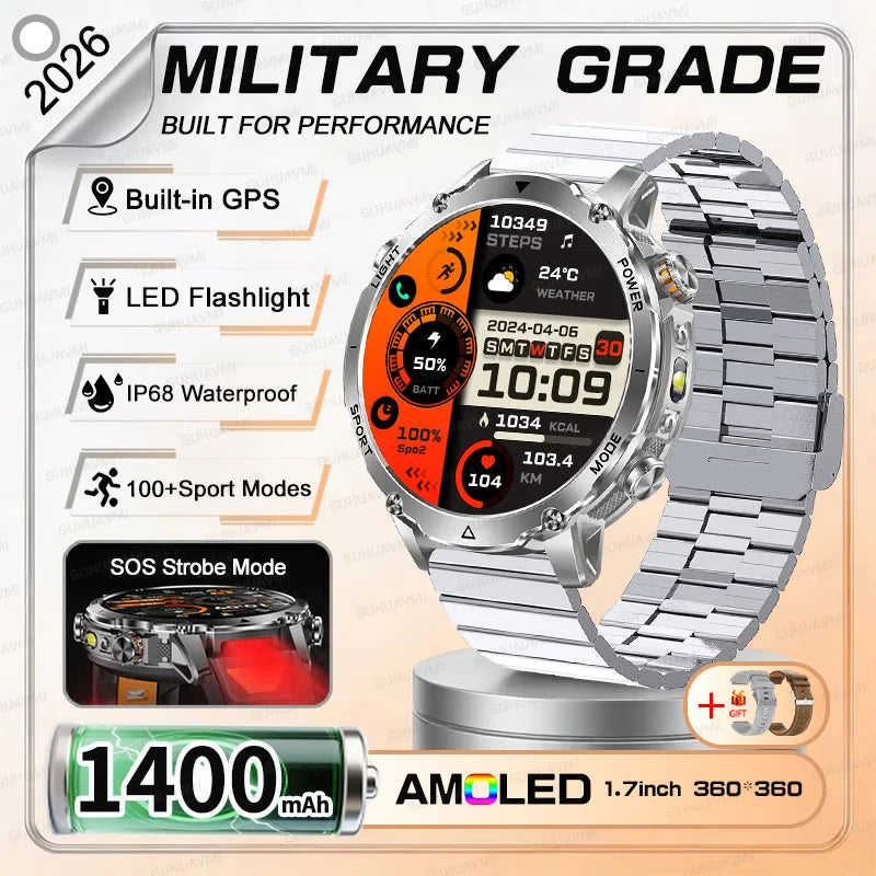 NEW Military 1400mAh Battery SmartWatch Men Outdoor LED Flashlight IP68 Waterproof Heart Rate SOS Bluetooth Call Sports Bracelet