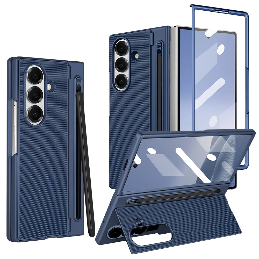 Hard PC Back Cover Phone Case for Galaxy Z Fold 7/6 with Touch Pen Included Kickstand Holder Phone Case with Screen Glass Film