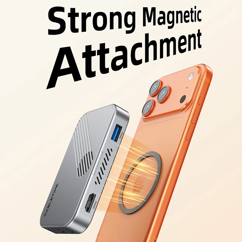CABLETIME 7 IN 1 Magnetic USB C HUB NVMe SSD 4K ProRes Video Recording SD/TF 3.0 Strong Magnetic Attachment for iPhone 17/16