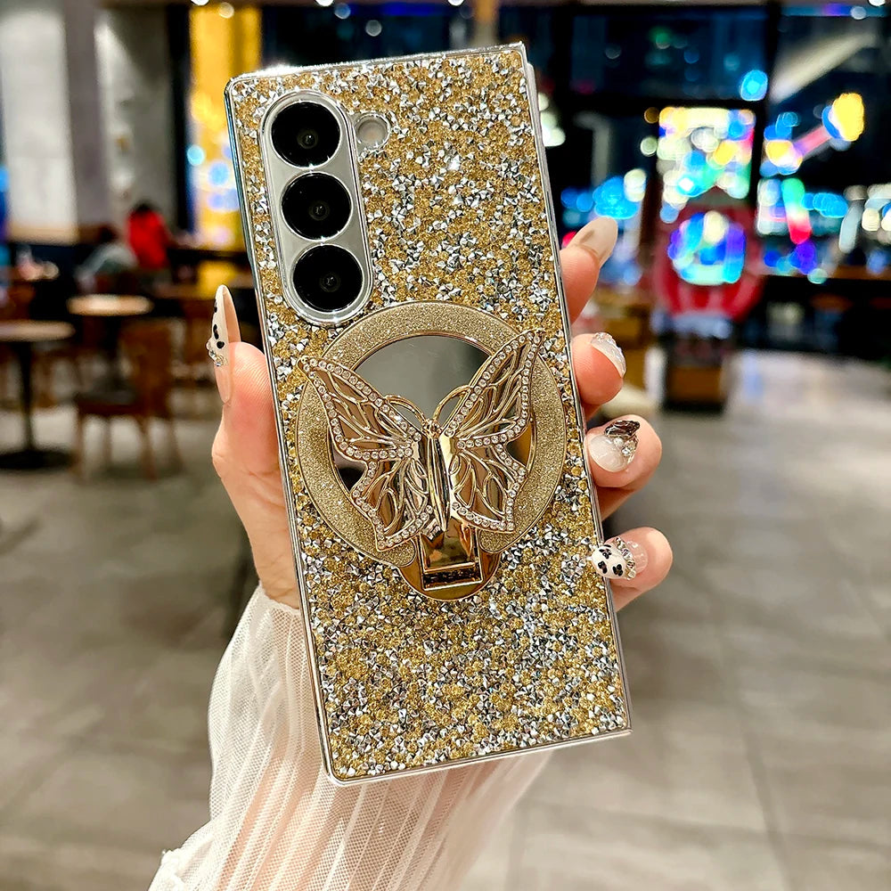 Luxury Hard PC Electroplated Frame Phone Cover for Samsung Galaxy Z Fold 7 6 5 4 8 Ultra Case with Butterfly Bracket