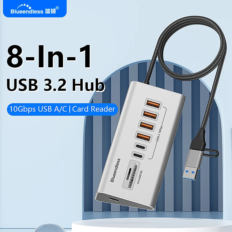Blueendless Aluminium USB3.2 Gen2 10Gbps HUB with TF/SD Card Reader USB-C/USB A Hub 5-In-1 8 in 1 for PC Computer Laptop macbook