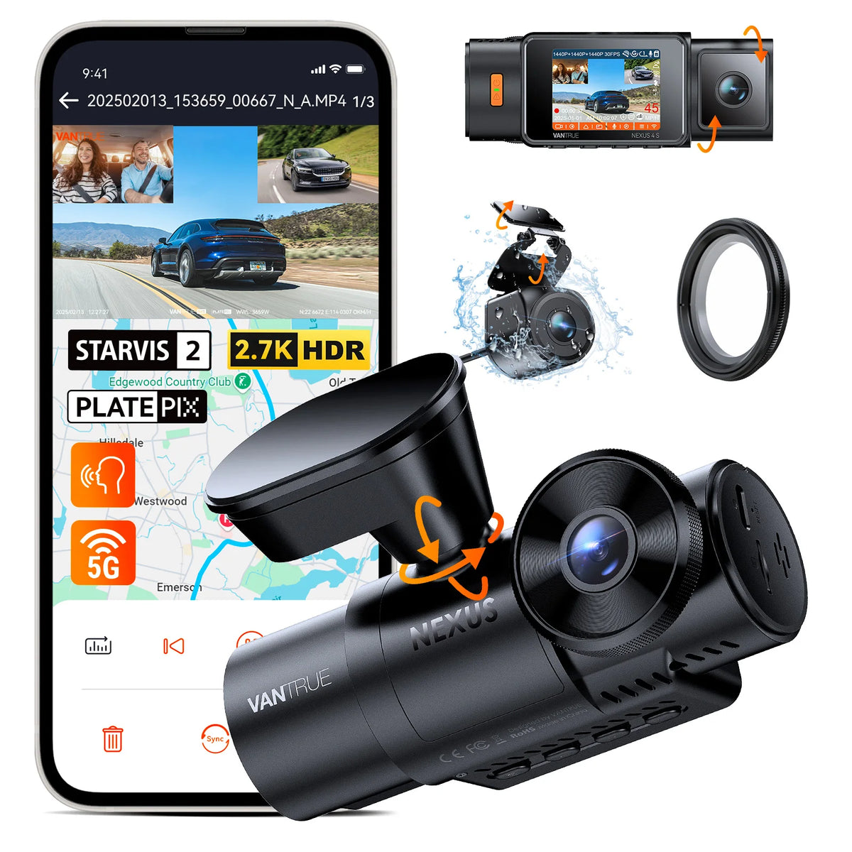 Vantrue N4S DashCam 3 Channel WiFi STARVIS 2 2.7K+1440P+1440 Waterproof Rear Camera HDR IR Night Vision GPS 24h Packing Mode