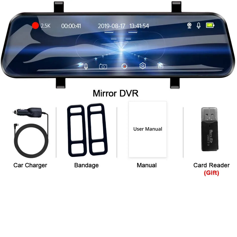 E-ACE 2.5K Mirror Camera For Car Touch Screen Video Recorder Rearview Mirror Dashcam 1440P GPS Wifi 24H Parking DVR Black Box