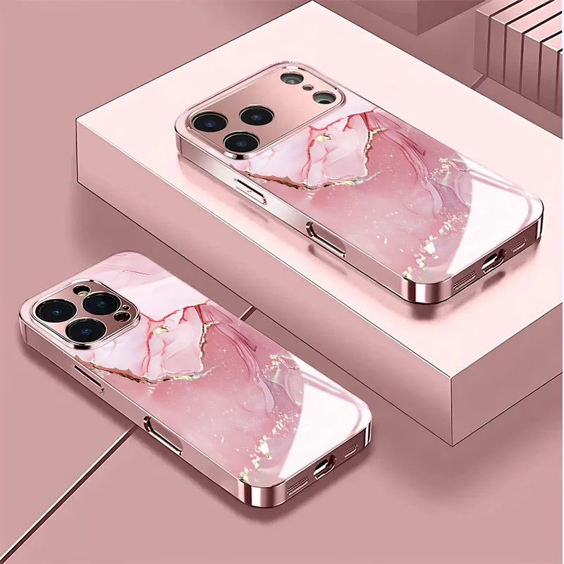 Pink Gold Foil Marble Pattern Tempered Glass Phone Case for iPhone 16 17 Pro Max 15 14 Plus 13 12 11 Pro Max 16E 17 Air Cover