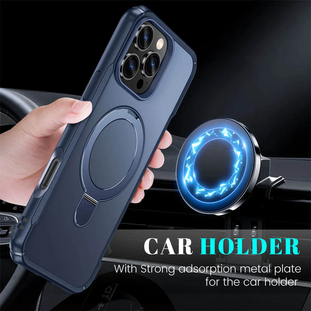 For Magsafe Wireless Charge Fold Magnetic Stand Phone Case For iPhone 15 16 17 18 Pro Max 16E 14 13 12 11 Anti-slip Bumper Cover