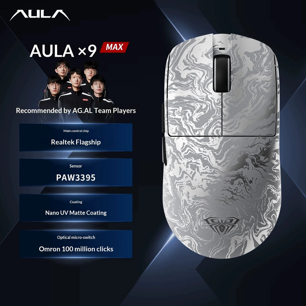 AULA X9 Max Ultra Gaming Mouse Wireless Tri Mode Lightweight Dual 8KHz 500mAh PAW3950 Ergonomic Esports Mouse Gaming Accessories