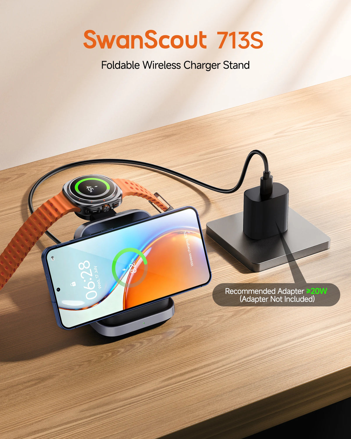 SwanScout 713S Wireless Charger for Galaxy Watch 8 7 Ultra 6 5 Foldable Charging Station for Samsung S25 Ultra S24 S23 Z Flip 7