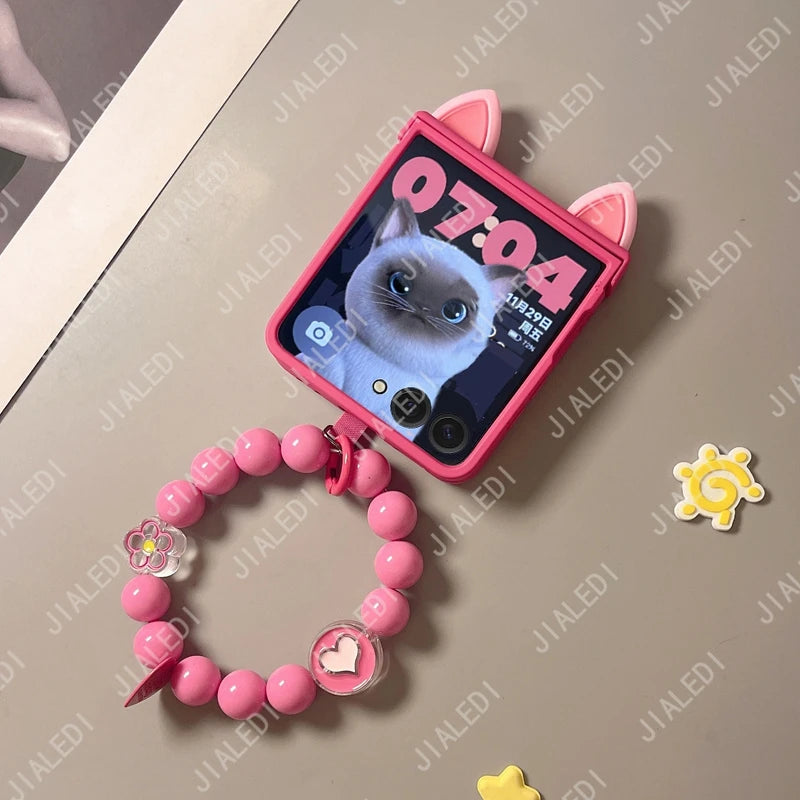 Cute Cat Ears Hinge Phone Case For Samsung Galaxy Z Flip 8 7 6 5 4 3 flip6 zflip7 ZFlip 8 Cover