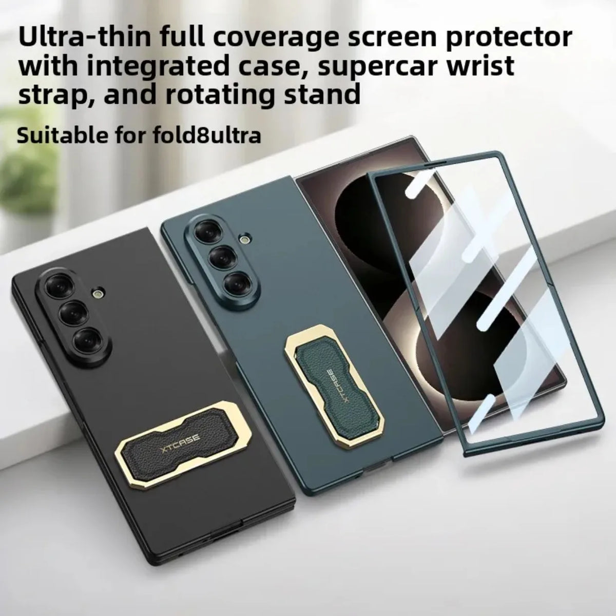 Wristband Bracket Holder Kickstand Phone Case with Front Tempered Glass Film for Samsung Galaxy Z Fold 8 Ultra 7 Fold8 Fold7 5G