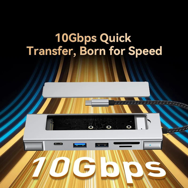 8-in-1 USB 3.2 Hub With Disk Storage Function M.2 SATA NVME SSD Type C to HDMI-Compatible Splitter SD/TF Reader For Macbook Pro