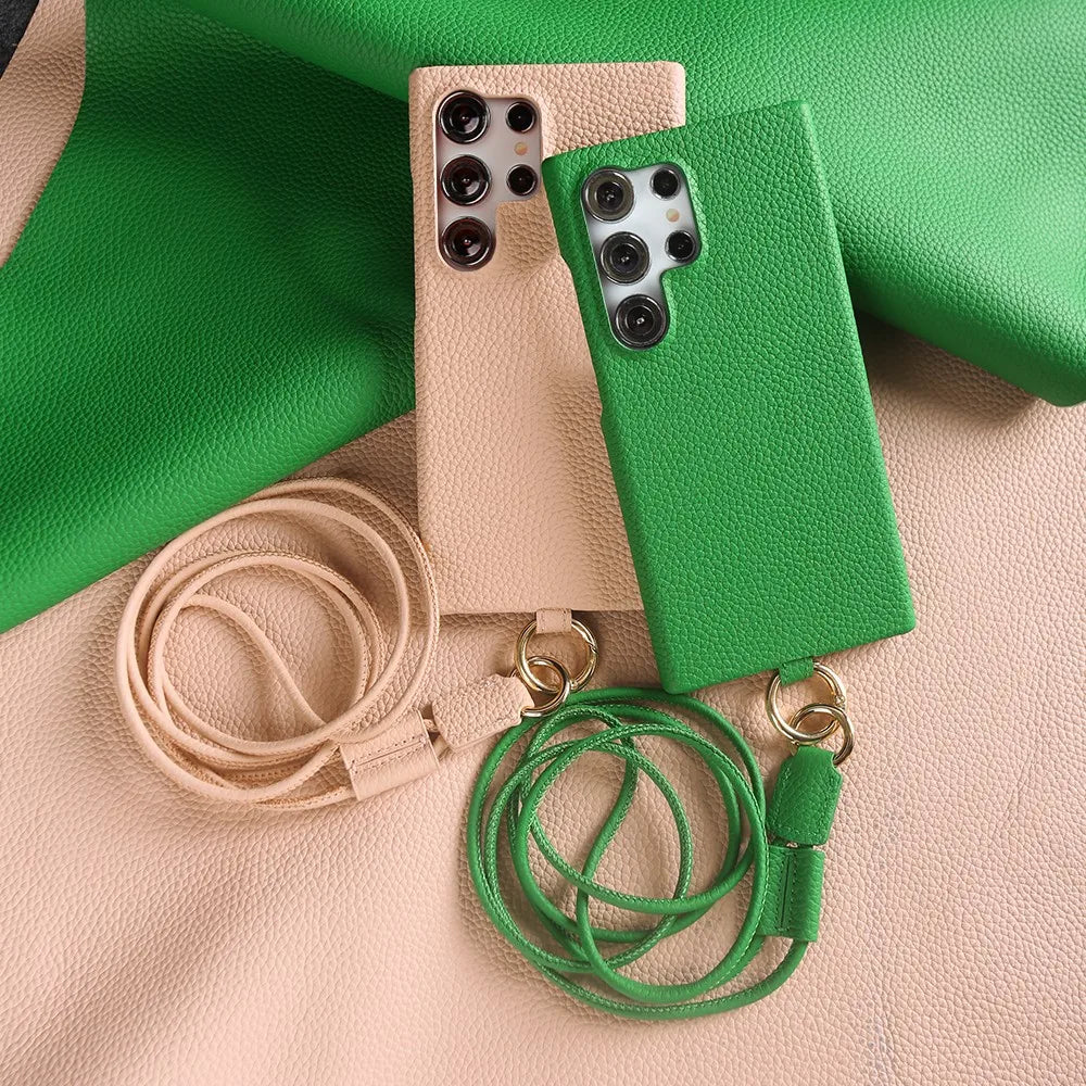 Luxury Cowhide Genuine Leather Case for Samsung Galaxy S26 Ultra S23 S22 S21 S26FE Strap Crossbody Lanyard Phone Cover Coque