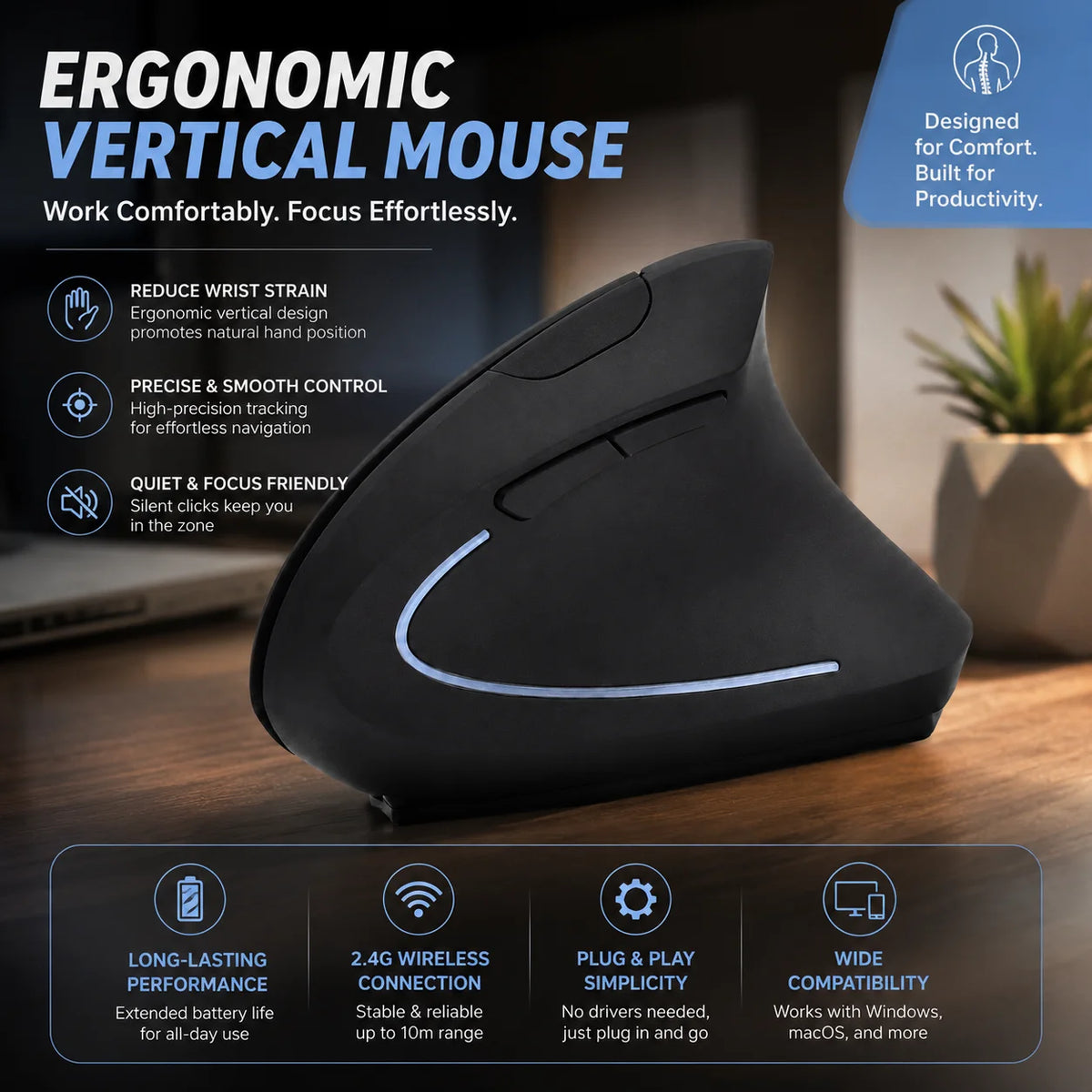 Vertical Wireless Ergonomic Mouse,Dual-Mode Bluetooth/2.4G Rechargeable Silent Optical RGB Gaming Mice For PC Laptop Desktop