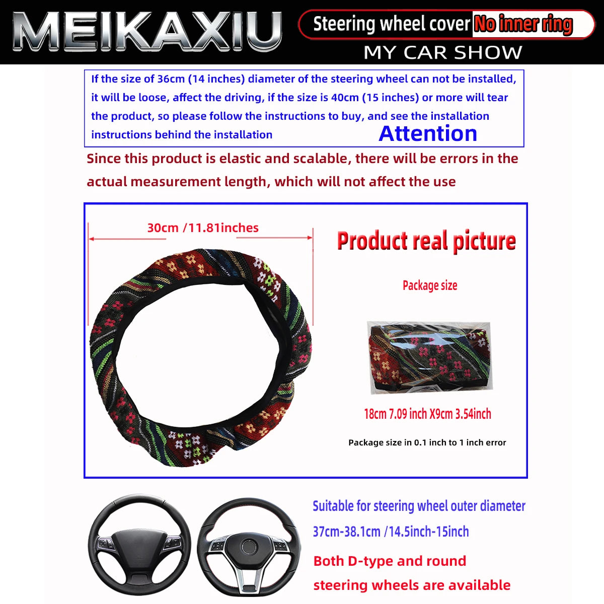 38CM Ethnic Bohemian Style Fabric Car Steering Wheel Cover All-Season Use No Inner Ring Automotive Decoration Accessory