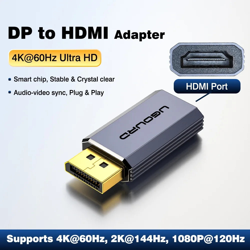 0.2m 4K 60Hz DP to HDMI Adapter Cable, Unidirectional DisplayPort 1.2 to HDMI Converter 4K30Hz 2K@144Hz 1080P, Audio Video Sync