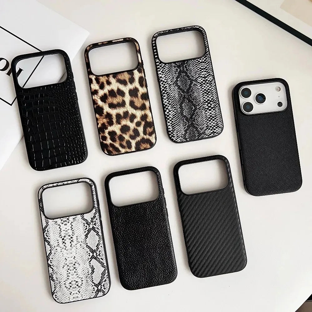 Snake Lichi Pattern Leopard Print PU Leather Case for IPhone 17 Air 16 15 14 Plus Pro Max Shockproof Rugged Protector Back Cover