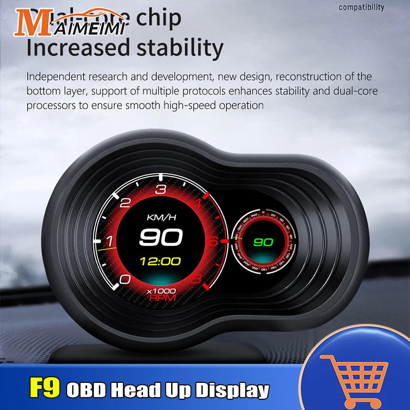 F9 OBD For HUD Smart Head Up Display Gauge Speedometer Tachometer Water Temp Voltage Alarm Turbo Oil Temp Air-fuel Ratio Gauge