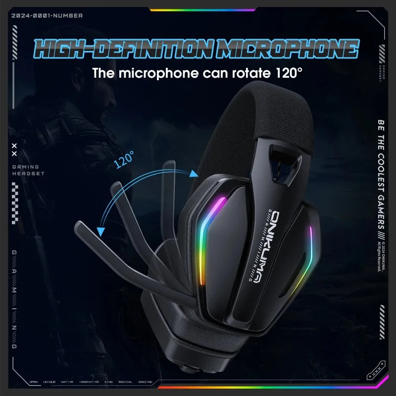ONIKUMA GT826 Wireless Headset Gaming Headphone Tri Mode Connection Bluetooth USB C 2.4G Low Latency RGB Stereo Sound For PS5 PC