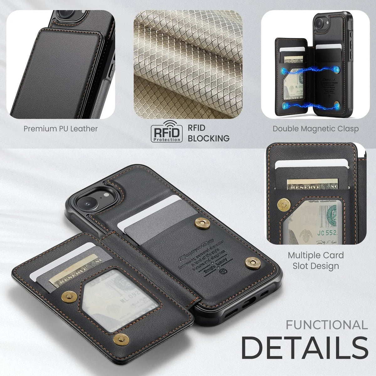 For iPhone 17e/16e Case with Card Holder Wallet Case with RFID Blocking, Durable Leather Kickstand Magnetic Clasp Shockproof