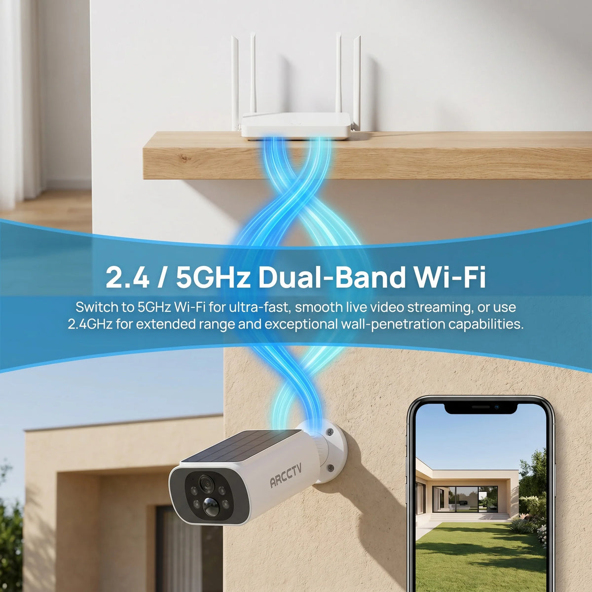 ARCCTV 2K Wireless Solar Camera Outdoor Surveillance Integrated Battery Wifi Camera Humanoid Detection Flash Alarm Night Vision