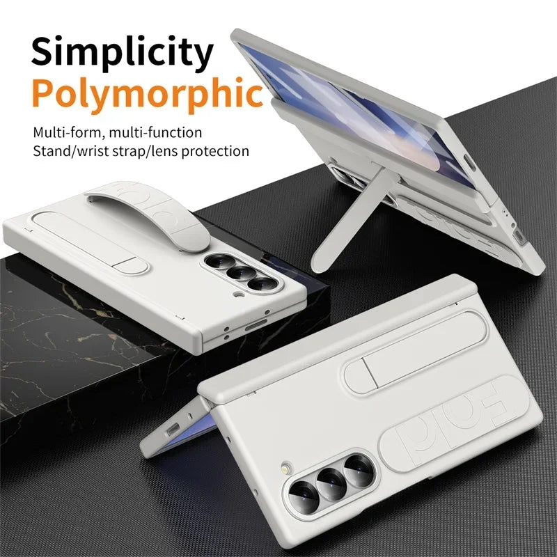 Modern Wrist Band Holder Hinge Case For Samsung Z Fold 7 6 5 4 3 Wrist Band Holder Pen Slot S Pen & Screen Protector Film Cover