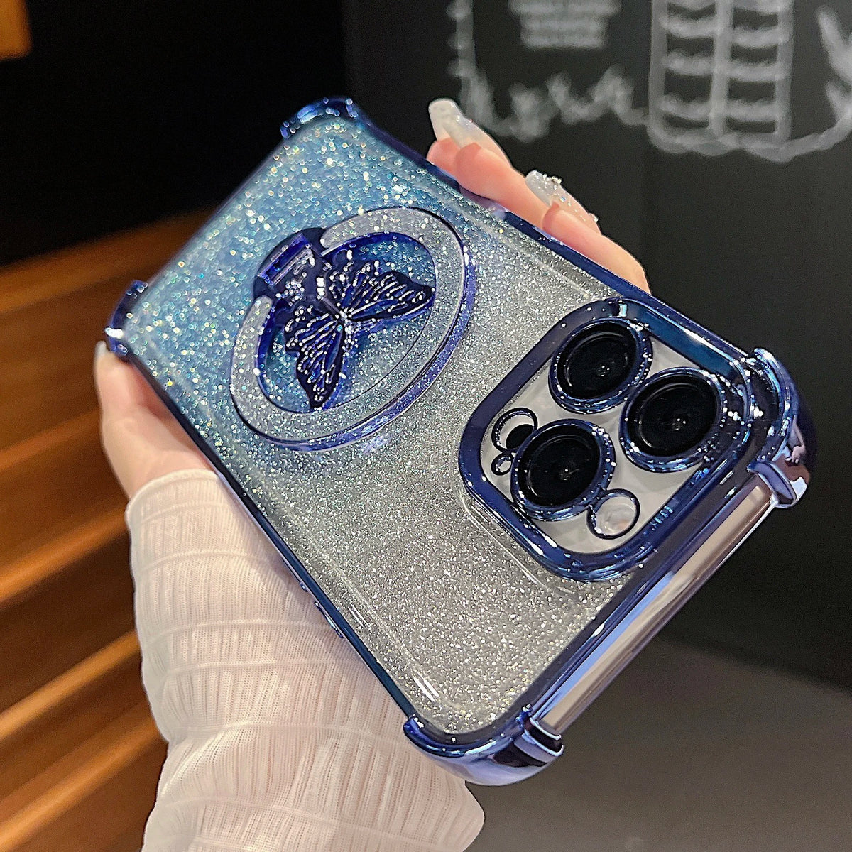 Luxury Butterfly Glitter Holder With Lens Film Phone Case For iPhone 11 12 13 14 15 16 17 Pro Max Plus Four Corner Anti Fall