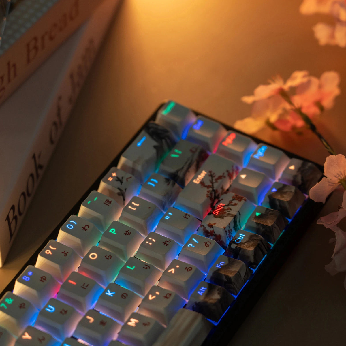 Plum Blossom Japanese RGB Backlit Keycaps 5 Sides Dye Sublimation PBT Keycaps Cherry Profile for MX Switches Gaming Keyboard