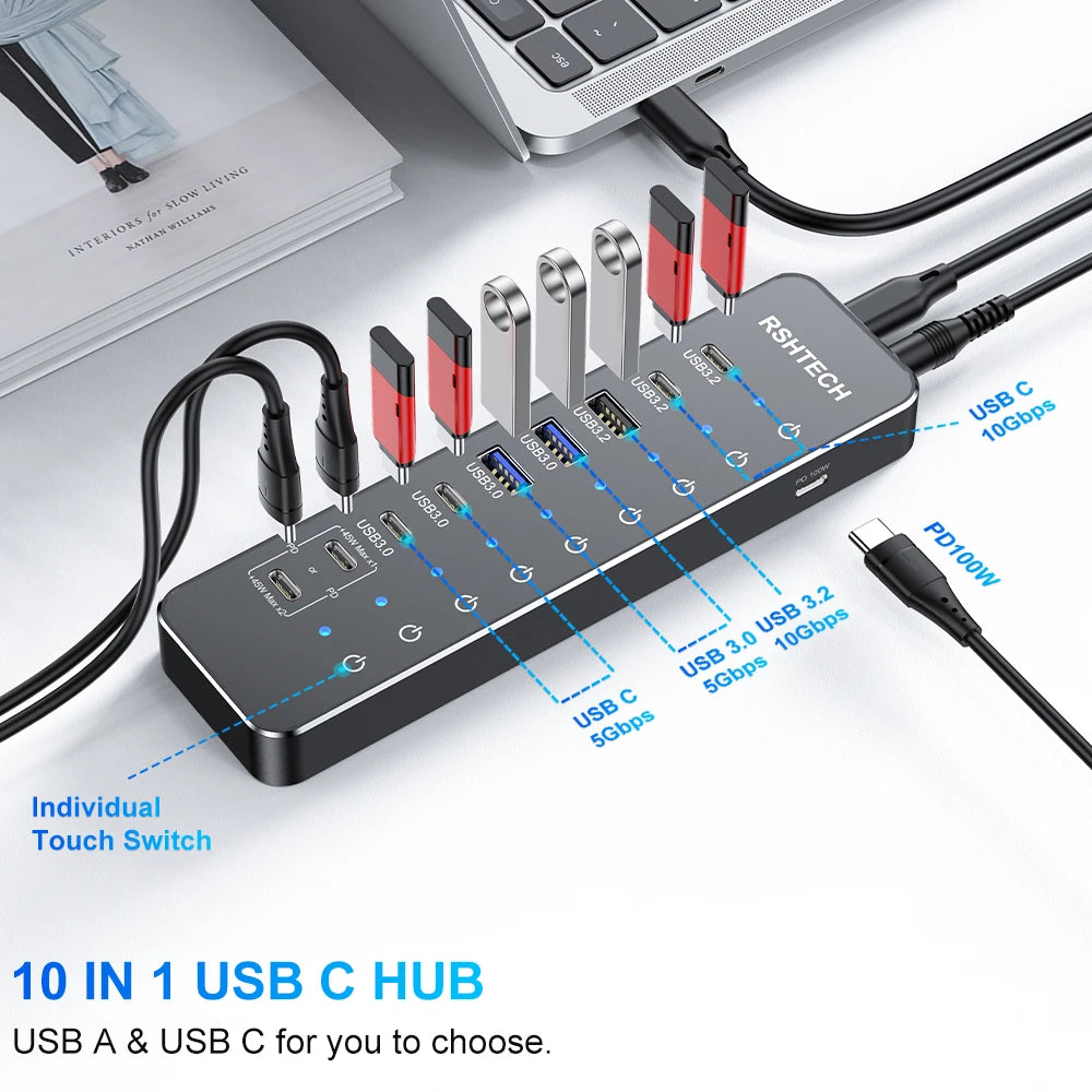 RSHTECH 10-in-1 Powered USB C Hub Splitter 10Gbps USB 3.2 Data Port PD100W Aluminum USB Multiport Adapter for MacBook Pro Air PC