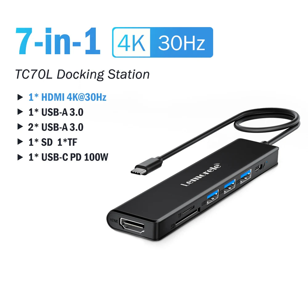 Lemorele TC70 7in1 USB C HUB Type C 3.0 Docking Station HDMI 4K@30Hz 100W PD SD/TF Slot Fast Transfer for Laptop Macbook Windows