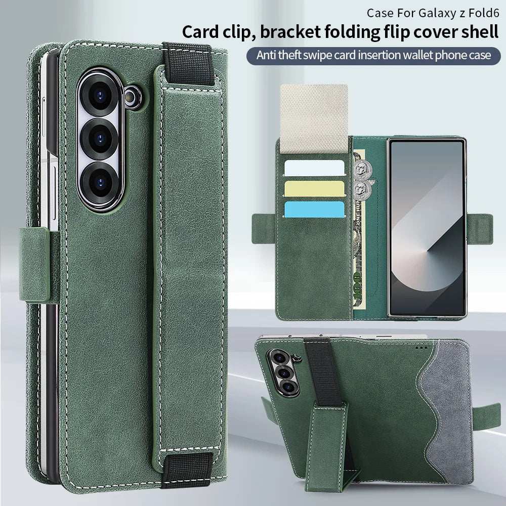 PU Leather Flip Wallet Phone Case for Galaxy Z Fold 8 Ultra Z Fold 8/7/6/5 with RFID Blocking, Adjustable Wristband Kickstand