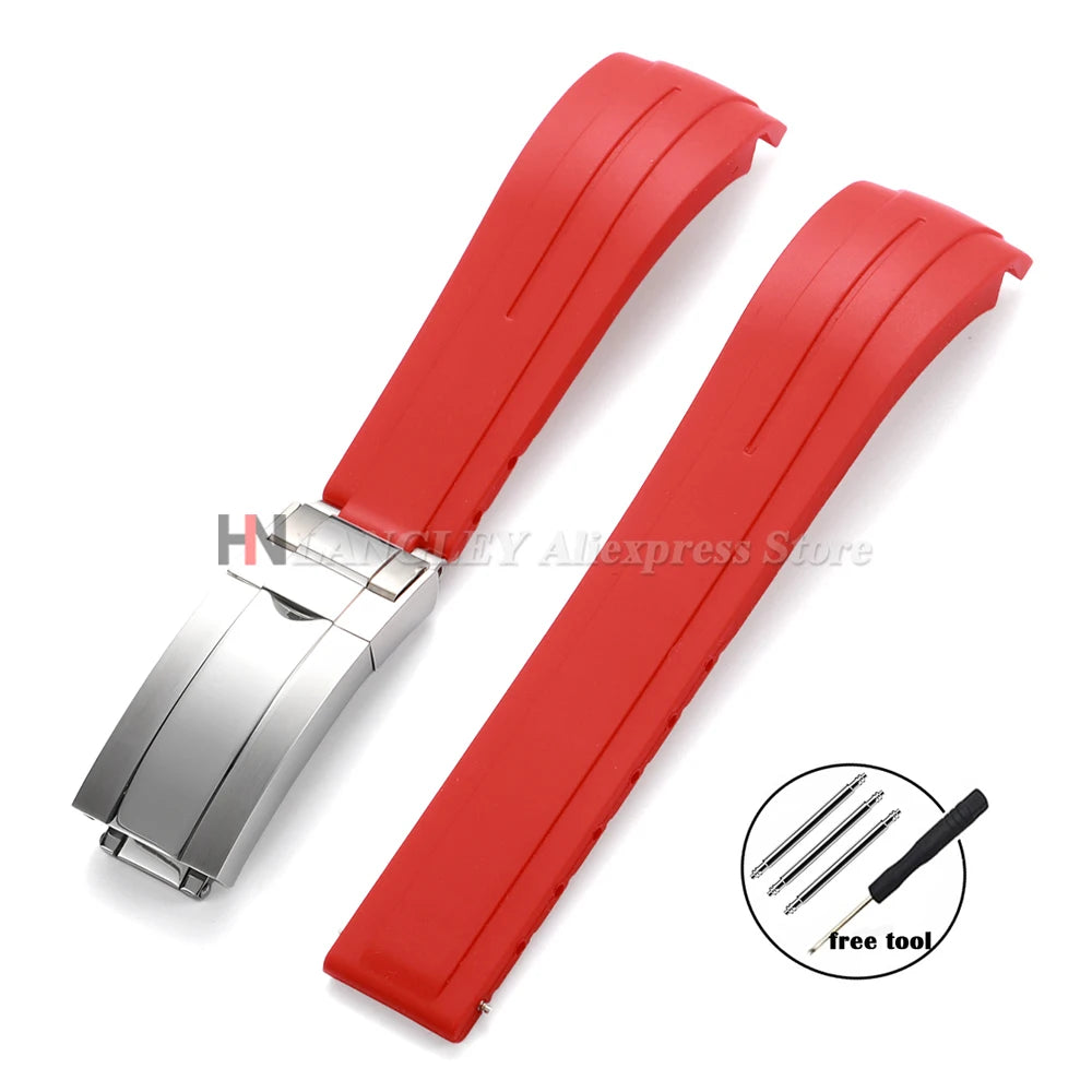 Curved Rubber Watch Bracelet 20mm 21mm 22mm for Rolex Green Water Ghost for Oysterflex Waterproof Silicone Folding Buckle Straps