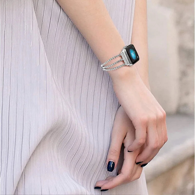 Metal Chain-styled Watch Strap for All Range of Apple Watch Series Diamond-encrusted Chain Stainless Steel Watch Band