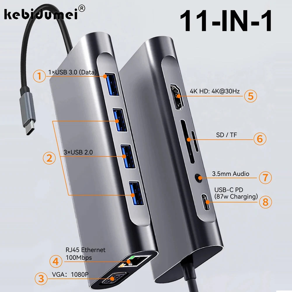 11-in-1 USB C Docking Stations USB C HUB USB Hubs Type C to 4K HDMI USB 3.0 5Gbps USB Splitter Adapter For PC Laptop Macbook
