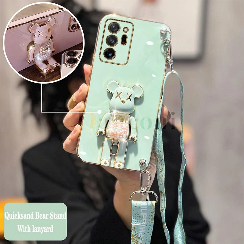 Cartoon Bear Lanyard Plating Phone Stereoscopic Holder Case For Samsung Galaxy Note 20 Ultra Note 10 Lite 8 9 M30S M42 M54 Cover