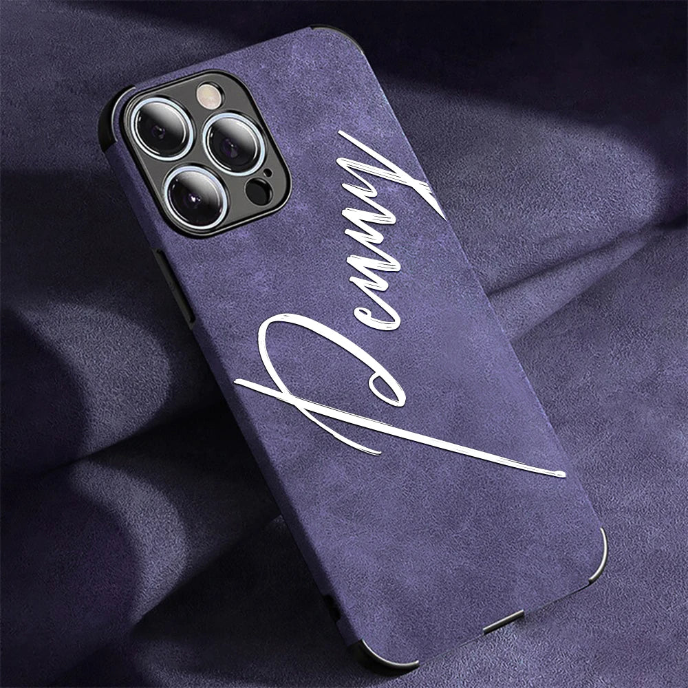 Large Brush Calligraphy Name Customized Phone Case For iPhone 16 15 14 13 12 11 Pro Max Lambskin Faux Leather Shockproof Cover
